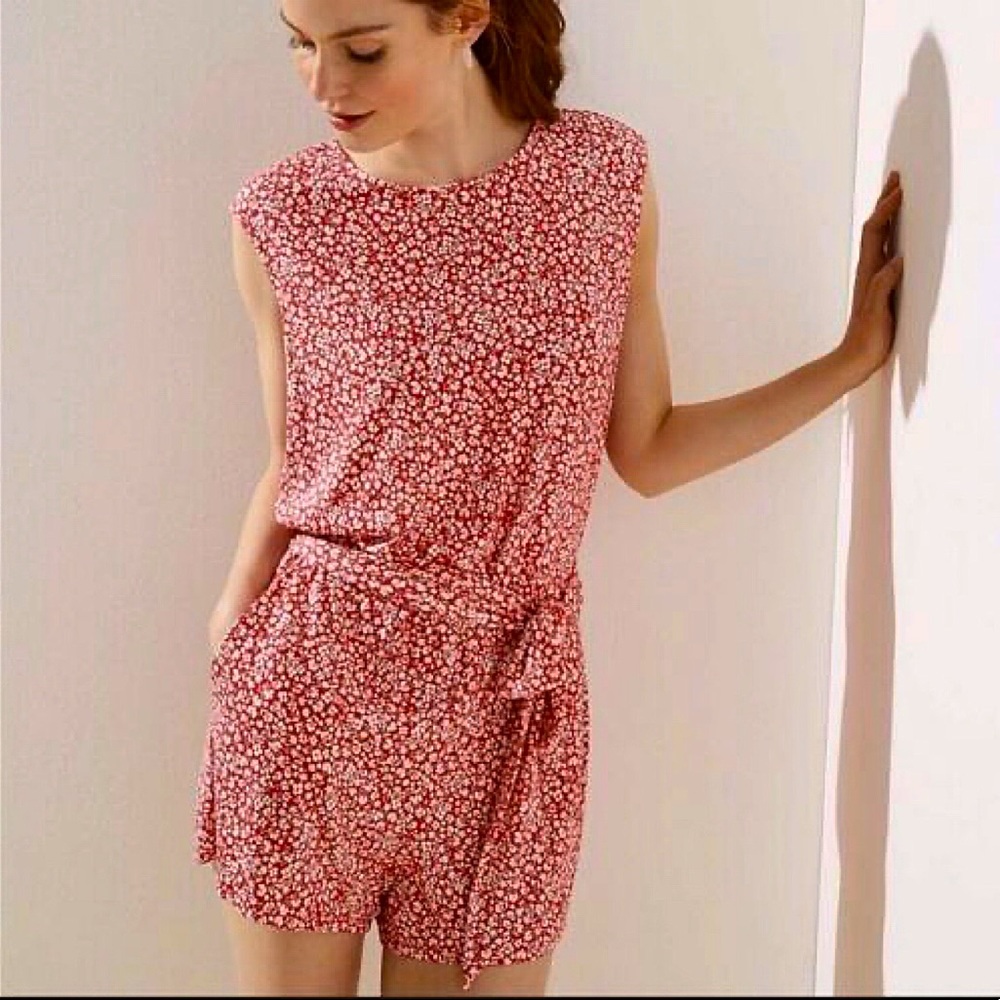 Ann Taylor LOFT Red Floral Shorts Romper